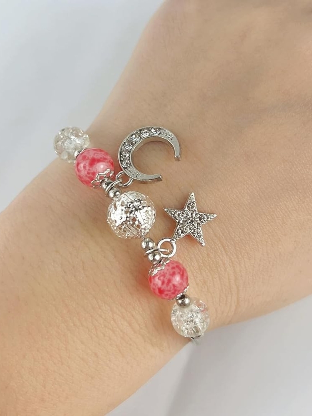 Silver Moon & Star Charm Bracelet with Pink Agate Beads